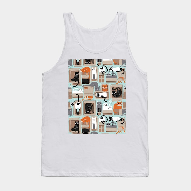 Purfect feline architecture // pattern // aqua background cute cats in cardboard boxes Tank Top by SelmaCardoso